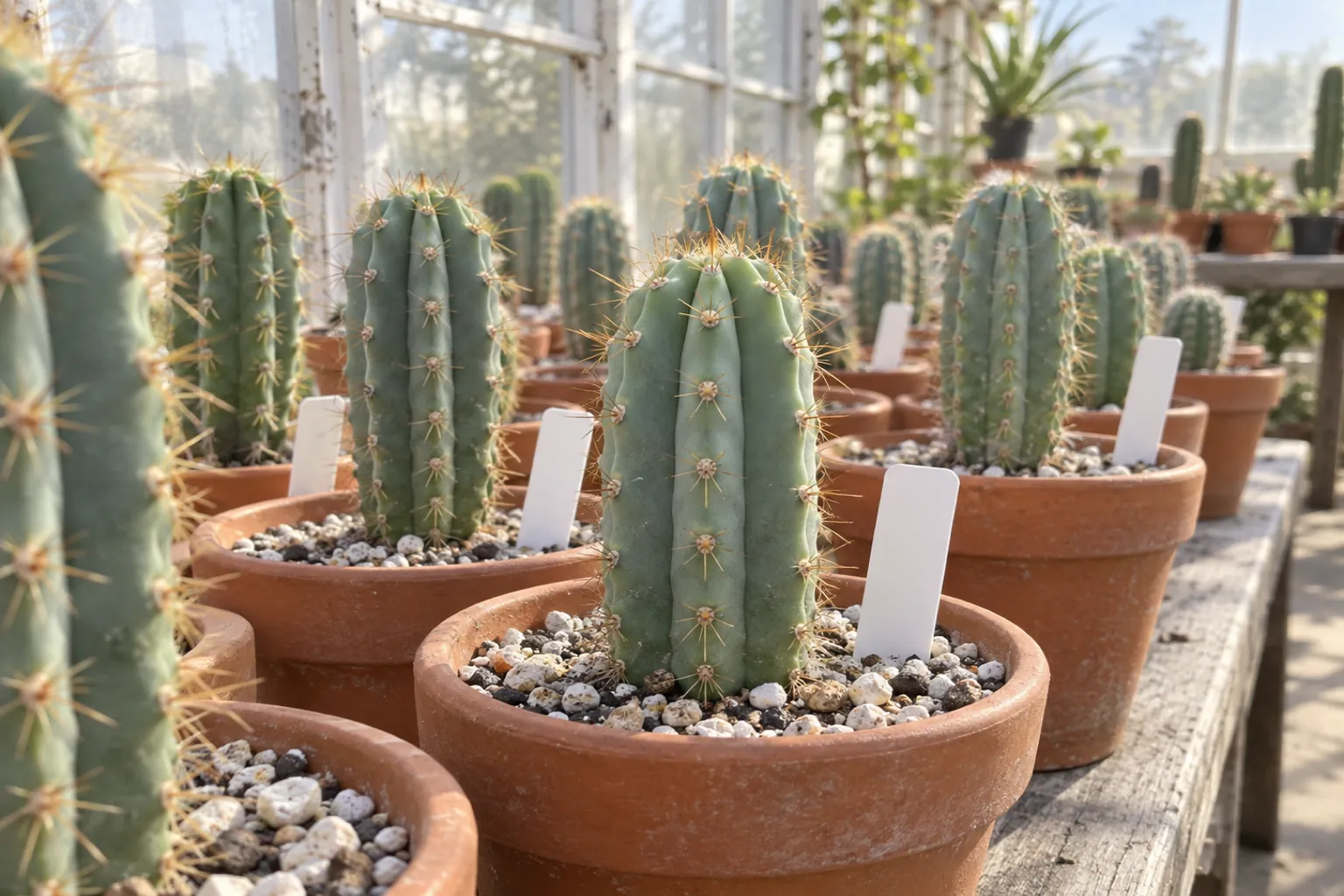 Young blue-green columnar cacti in terracotta pots on a glasshouse bench, with blank plant tags